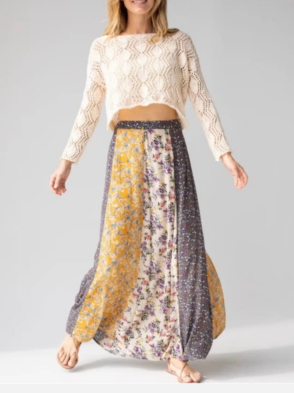 NATURAL LIFE Patchwork Floral Panel Maxi Skirt in Mustard/Cream/Purple Size M